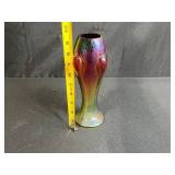 Nouveau Bohemian Iridescent Art Glass Vase with Pulled Feather Design, 9 Inches Tall