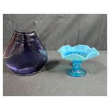 Vintage Art Glass Pieces - Northwood "Button Panels" Blue Ruffled Opalescent Compote and Hand-Blown Purple Amethyst Vase