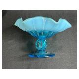 Vintage Art Glass Pieces - Northwood "Button Panels" Blue Ruffled Opalescent Compote and Hand-Blown Purple Amethyst Vase