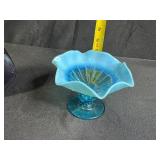 Vintage Art Glass Pieces - Northwood "Button Panels" Blue Ruffled Opalescent Compote and Hand-Blown Purple Amethyst Vase