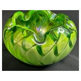 Vibrant Green Handblown Art Glass Bowl with Ruffled Rim - Possibly Moser or Murano