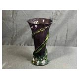 MCM Purple and Green Hand-Blown Glass Vase with Swirl Design, 8 Inches Tall