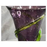 MCM Purple and Green Hand-Blown Glass Vase with Swirl Design, 8 Inches Tall