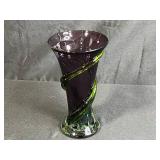 MCM Purple and Green Hand-Blown Glass Vase with Swirl Design, 8 Inches Tall
