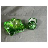 Vintage Green Art Glass Ruffled Bowl and Vase Set