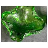 Vintage Green Art Glass Ruffled Bowl and Vase Set