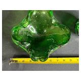 Vintage Green Art Glass Ruffled Bowl and Vase Set