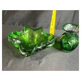 Vintage Green Art Glass Ruffled Bowl and Vase Set