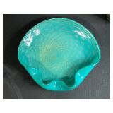 MCM Decorative Murano Like Art Glass Bowl and Brush-McCoy Green Onyx Glazed Pottery Vase Set