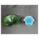 VTG Fenton Blue Opalescent Buttons Ruffle Top Vase & Murano Green Candy Dish Set