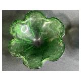 VTG Fenton Blue Opalescent Buttons Ruffle Top Vase & Murano Green Candy Dish Set