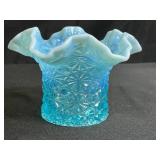 VTG Fenton Blue Opalescent Buttons Ruffle Top Vase & Murano Green Candy Dish Set