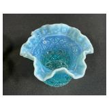 VTG Fenton Blue Opalescent Buttons Ruffle Top Vase & Murano Green Candy Dish Set