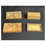 Collection of 4 Antique Pyrography Wooden Boxes and Framed Motto