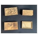 Collection of 4 Antique Pyrography Wooden Boxes and Framed Motto