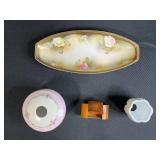 Vintage Porcelain Vanity Set with Hand Painted Tray, Bavaria Vase, Milk Glass Toothpick Holder, and Wood Trinket Box