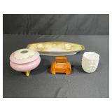 Vintage Porcelain Vanity Set with Hand Painted Tray, Bavaria Vase, Milk Glass Toothpick Holder, and Wood Trinket Box
