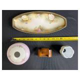 Vintage Porcelain Vanity Set with Hand Painted Tray, Bavaria Vase, Milk Glass Toothpick Holder, and Wood Trinket Box