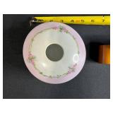 Vintage Porcelain Vanity Set with Hand Painted Tray, Bavaria Vase, Milk Glass Toothpick Holder, and Wood Trinket Box