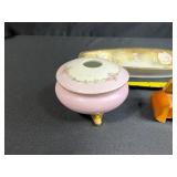 Vintage Porcelain Vanity Set with Hand Painted Tray, Bavaria Vase, Milk Glass Toothpick Holder, and Wood Trinket Box