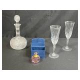 Crystal Decanter, 2 Champagne Flutes, and Pink Perfume Bottle Set