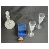 Crystal Decanter, 2 Champagne Flutes, and Pink Perfume Bottle Set