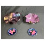 Set of 2 Art Glass Decorative Bowls and 2 Floral Glass Coasters
