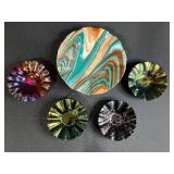 Set of Art Glass Bowls Iridescent and Swirled Designs - display stand not inc