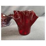Set of 3 Hand-Blown Ruby Red Ruffled Glass Pieces