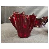 Set of 3 Hand-Blown Ruby Red Ruffled Glass Pieces