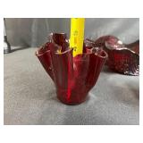 Set of 3 Hand-Blown Ruby Red Ruffled Glass Pieces