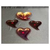 Set of 4 Red Iridescent Heart-Shaped Glass Trinket Dishes