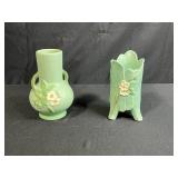 Pair of Vintage Weller Green Pottery Floral Vases