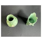 Pair of Vintage Weller Green Pottery Floral Vases