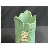 Pair of Vintage Weller Green Pottery Floral Vases