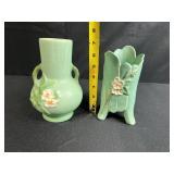 Pair of Vintage Weller Green Pottery Floral Vases