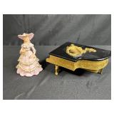 Vintage Ardalt Porcelain Lady Figurine (chipped lace) and Grand Piano Jewelry Box