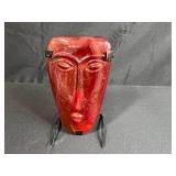 Handcrafted Red Glass Face Sculpture with Metal Stand