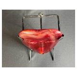 Handcrafted Red Glass Face Sculpture with Metal Stand