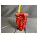 Handcrafted Red Glass Face Sculpture with Metal Stand
