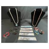 Collection of Glass and Beaded Jewelry with Mexico-Marked Alpaca Sun Pendant