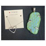 Sterling Silver Heart Necklace and Green Iridescent Glass Pendant