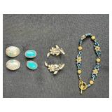 Collection of 3 Pairs Sterling Silver Clip-On Earrings and Beaded Bracelet