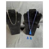 Sterling Silver Chain Necklace and Blue Art Glass Jewelry Set