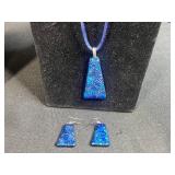 Sterling Silver Chain Necklace and Blue Art Glass Jewelry Set