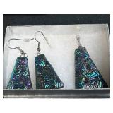 Dichroic Glass Jewelry Set with Necklace, Earrings, and Cross Pendant