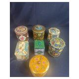 Collection of 7 Decorative Vintage Tin Tea Canisters