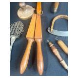 Antique Kitchen Utensil Collection with Choppers and Wooden Tools
