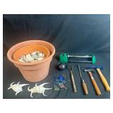 Mixed Lot: Terracotta Pots with Seashells, Hand Tools, and Sprinkler