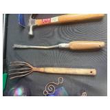 Mixed Lot: Terracotta Pots with Seashells, Hand Tools, and Sprinkler